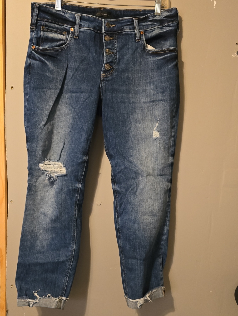 Silver Jeans Distressed Cropped Blue Denim with Button-Fly